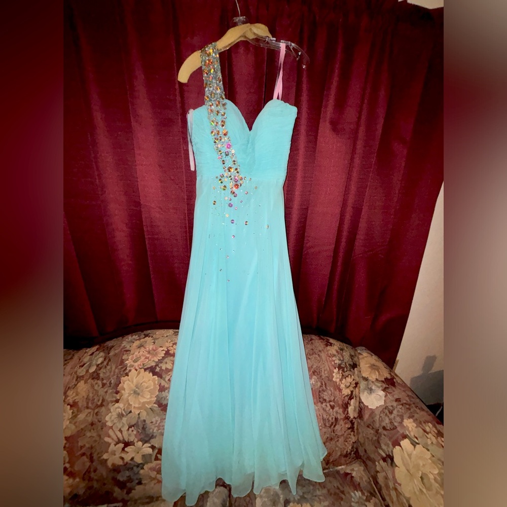 One shoulder prom dress size 12, light blue with gem bead details